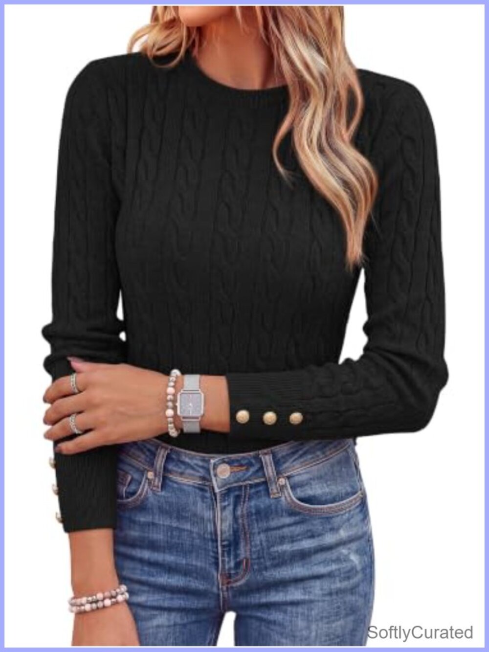 Cable Knit Crewneck Sweater Long Sleeve Button Cuff Business Casual